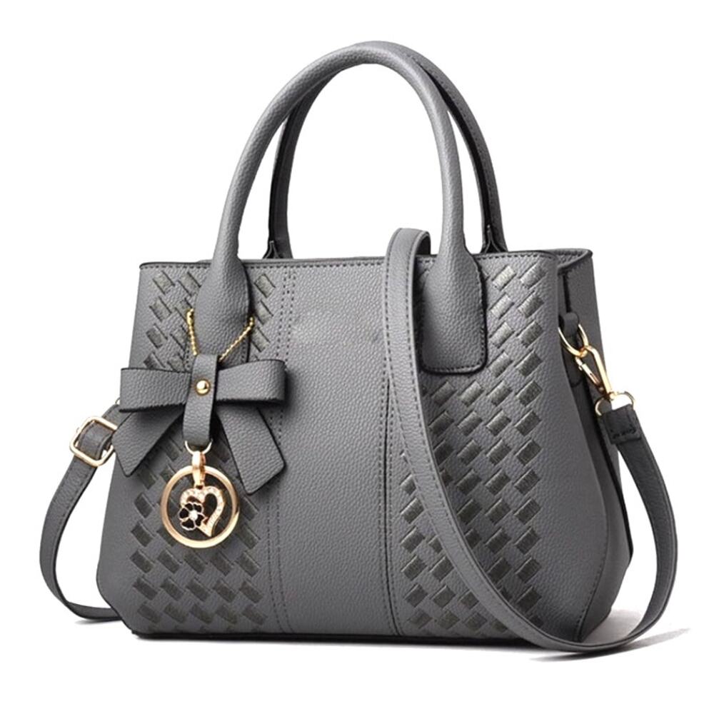 Fashion Bag Gray PU Leather Tote Detachable Crossbody Bow Purse Charm 11x8x5"
